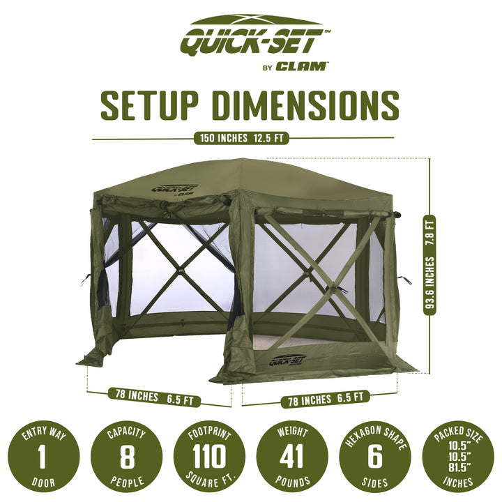 Clam Quick-Set Pavilion 12.5 x 12.5 Foot Portable Canopy Shelter, Green (Used)
