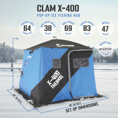 CLAM X-400 Portable 8' 4 Person PopUp Ice Fishing Thermal Hub Shelter Tent(Used)