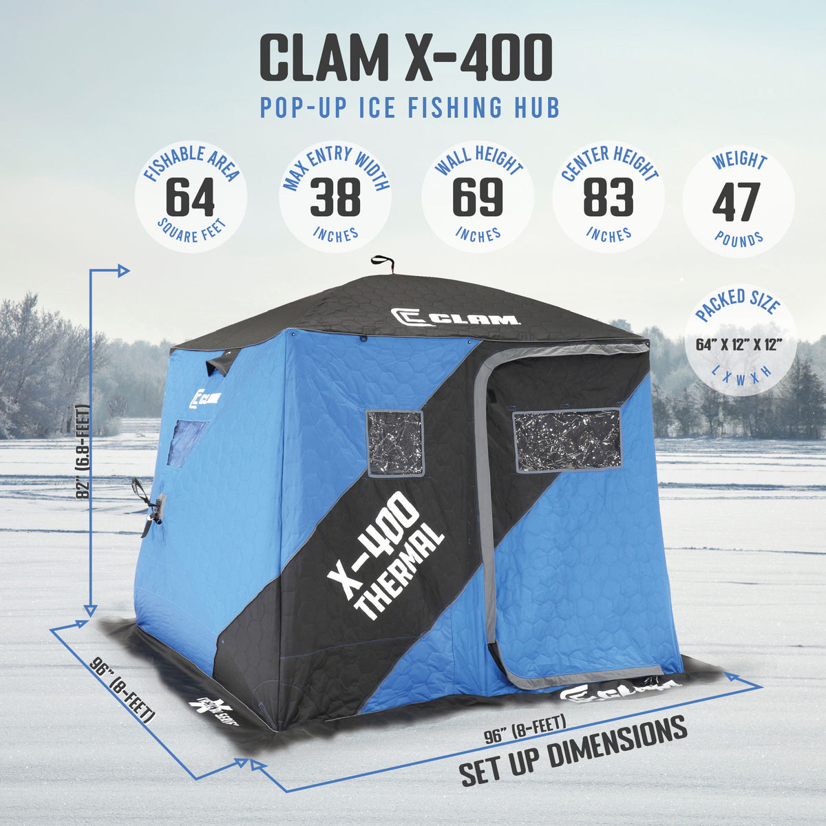 CLAM X-400 Portable 8' 4 Person PopUp Ice Fishing Thermal Hub Shelter Tent(Used)
