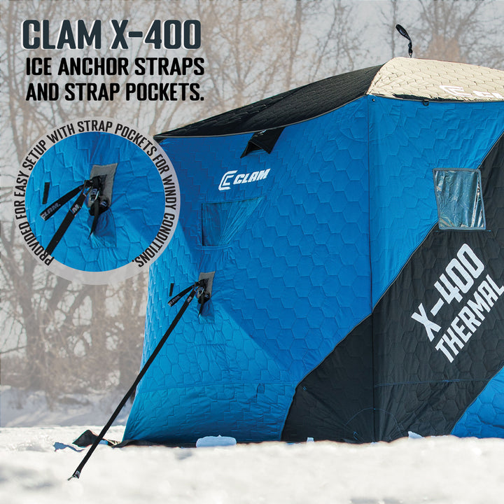 CLAM X-400 Portable 8 Ft 4 Person Pop Up Ice Fishing Thermal Hub Shelter Tent