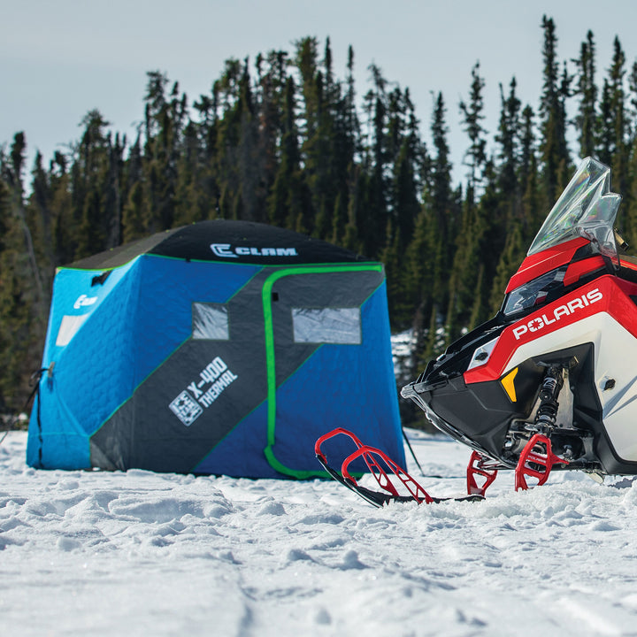 CLAM X-400 Portable 8 Ft 4 Person Ice Team Thermal Hub Shelter w/Dimmable Light