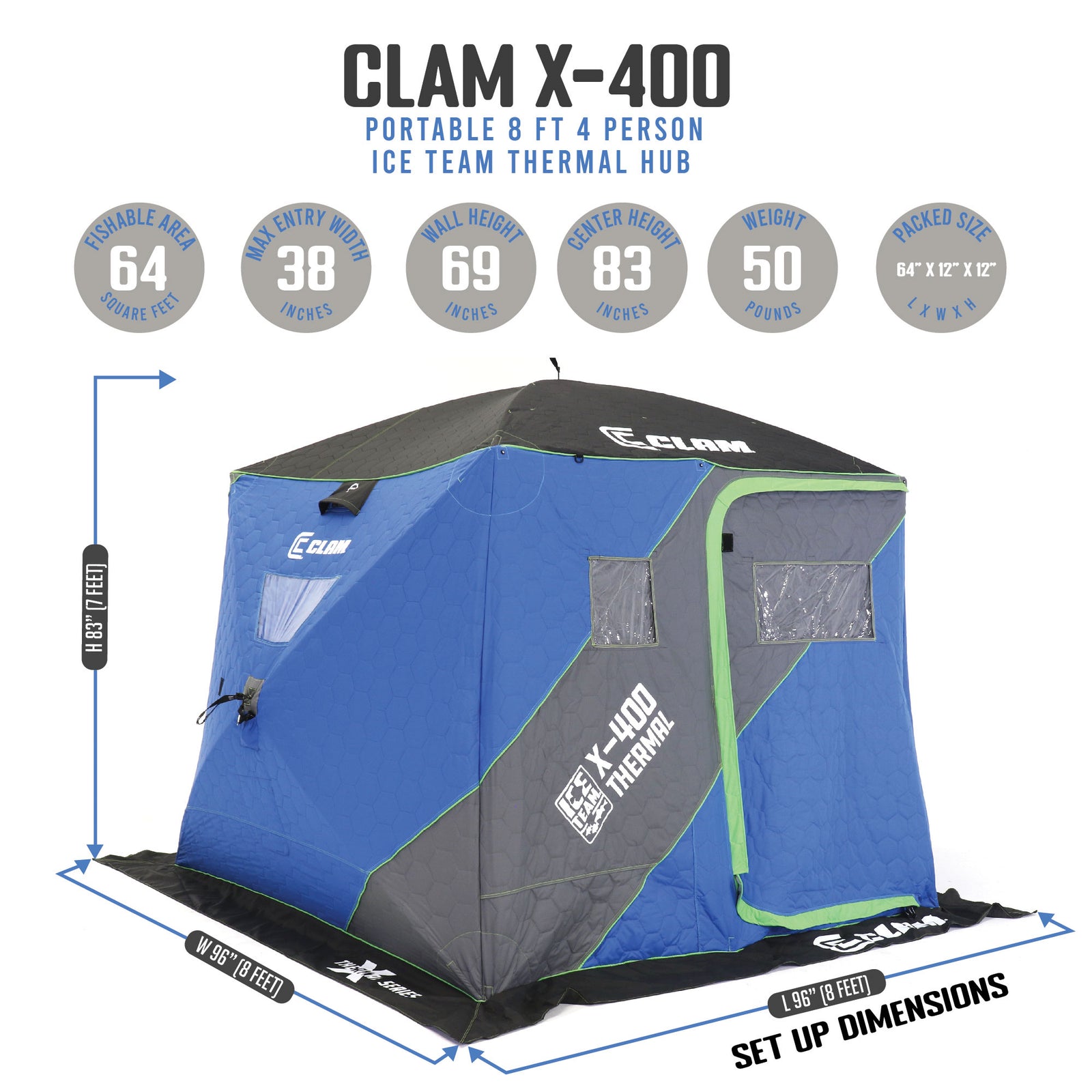 CLAM X-400 Portable 8 Ft 4 Person Ice Team Thermal Hub Shelter w/Dimmable Light - VMInnovations