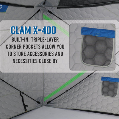 CLAM X-400 Portable 8 Ft 4 Person Ice Team Thermal Hub Shelter w/Dimmable Light - VMInnovations