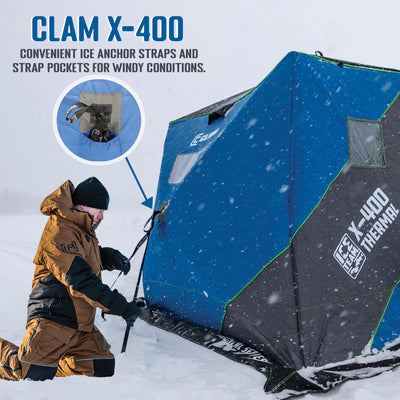 CLAM X-400 Portable 8 Ft 4 Person Ice Team Thermal Hub Shelter w/Dimmable Light