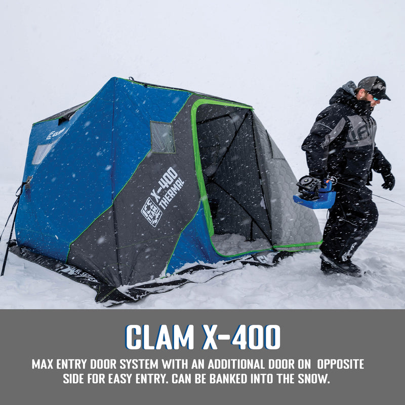 CLAM X-400 Portable 8 Ft 4 Person Ice Team Thermal Hub Shelter w/Dimmable Light
