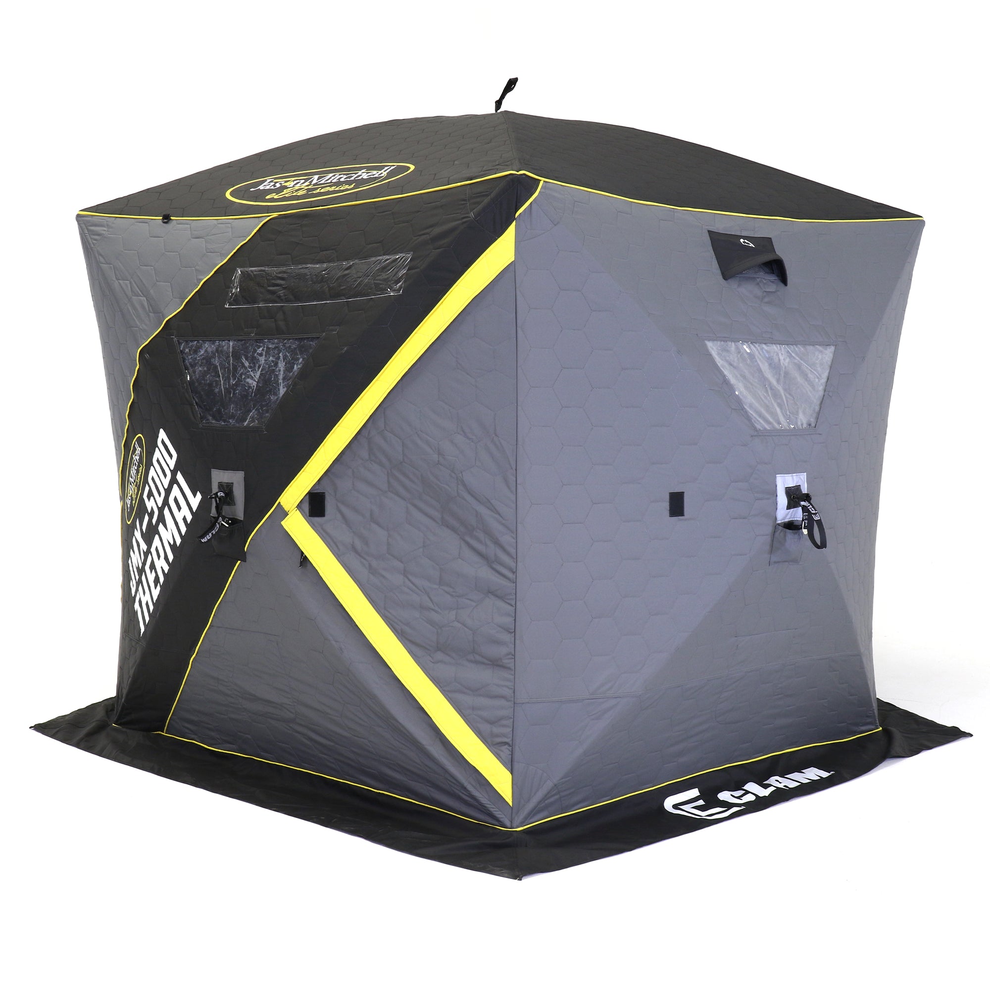 CLAM Jason Mitchell X5000 Portable 9 Ft 6 Person Ice Fishing Thermal Hub Shelter - VMInnovations
