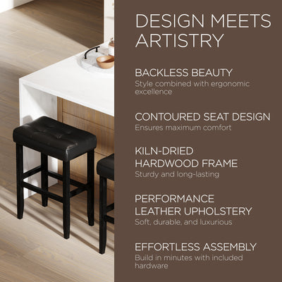 Maven Lane Bar Stool Rustic Black Wood Finish w/ Black Vegan Leather, 2pc(Used)