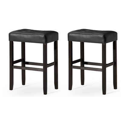 Carte: A La Carte Home Harper Bar Stool in Rustic Black Wood Finish w/ Black Vegan Leather, Set of 2 - VMInnovations