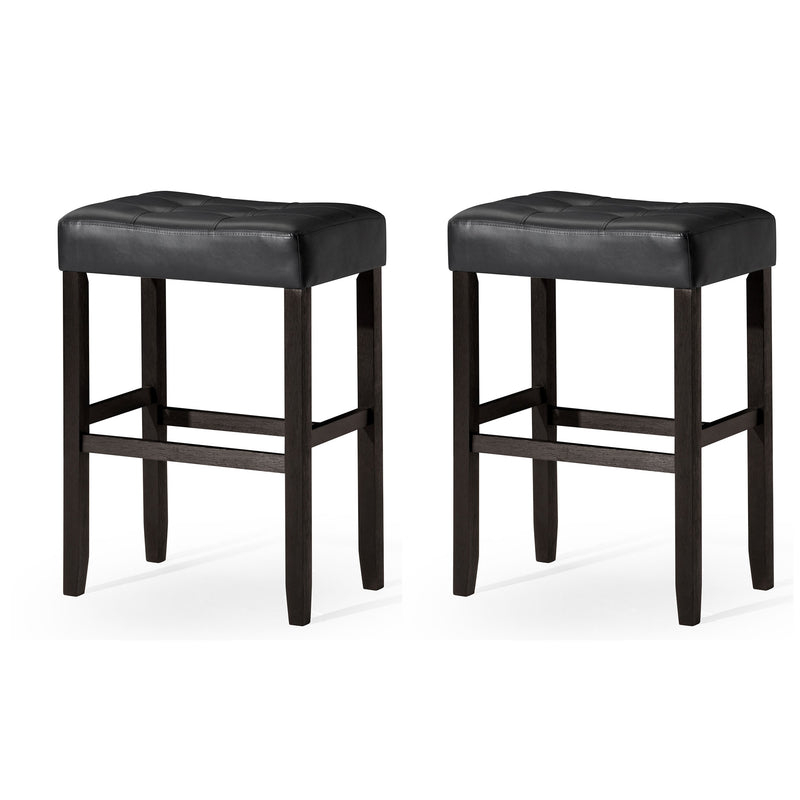 Carte: A La Carte Home Harper Bar Stool in Rustic Black Wood Finish w/ Black Vegan Leather, Set of 2