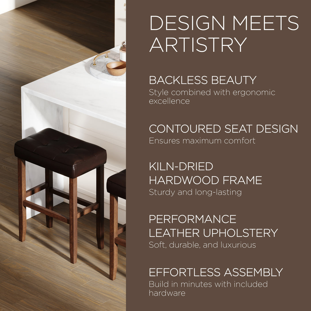Maven Lane Harper Bar Stool, True Walnut Wood w/ Brown Vegan Leather, 2pc(Used) - VMInnovations