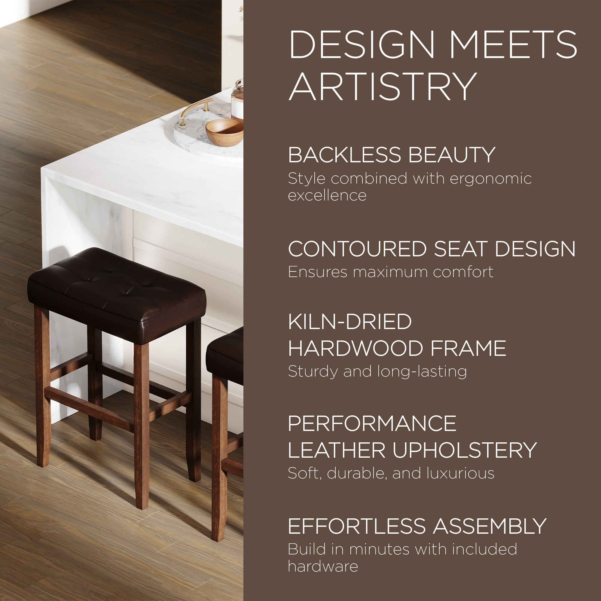 Carte: Home Harper Bar Stool, True Walnut Wood w/Vegan Leather, 2pc (Open Box) - VMInnovations