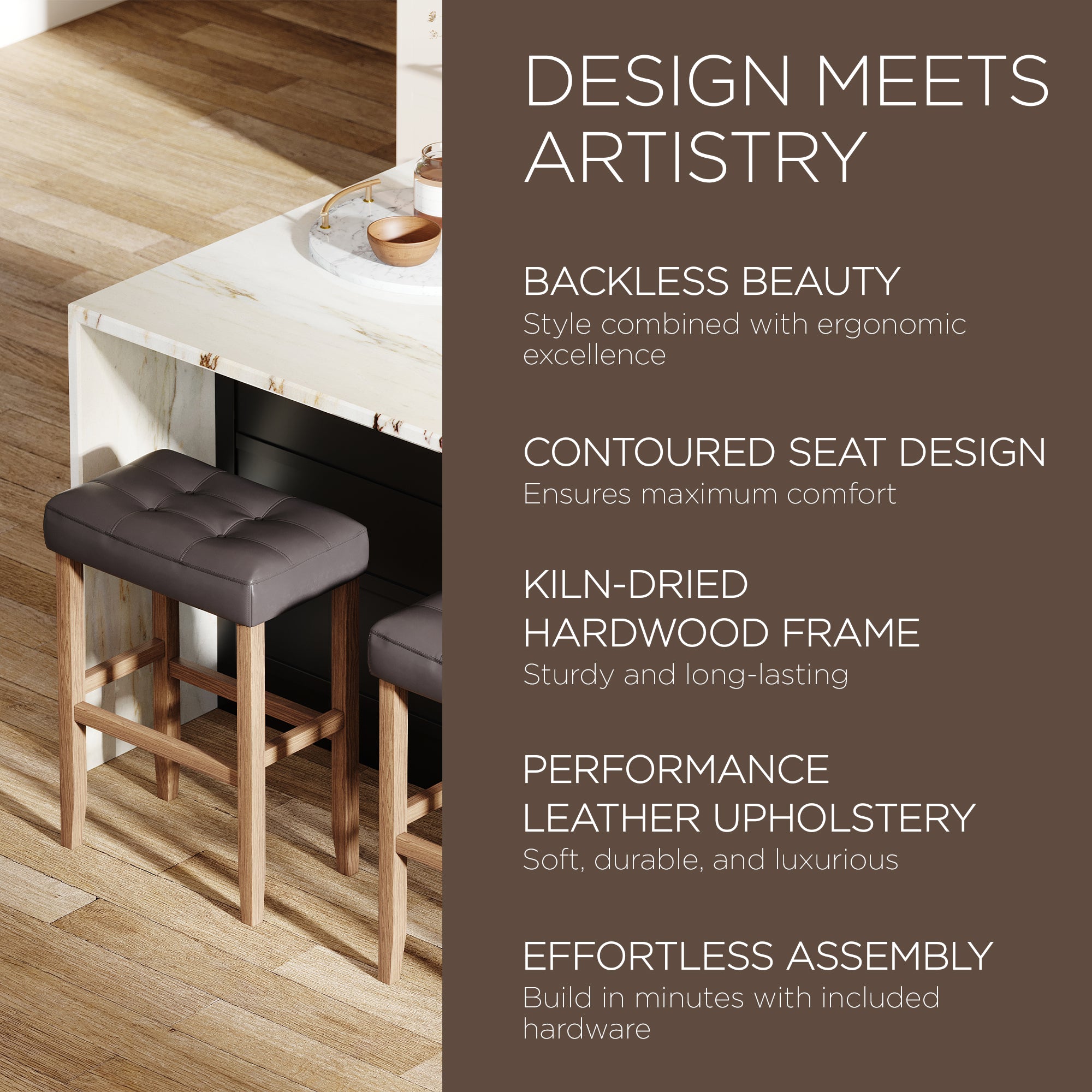 Maven Lane Bar Stool Weathered Oak Wood w/Grey Vegan Leather, Set of 2 (Used)