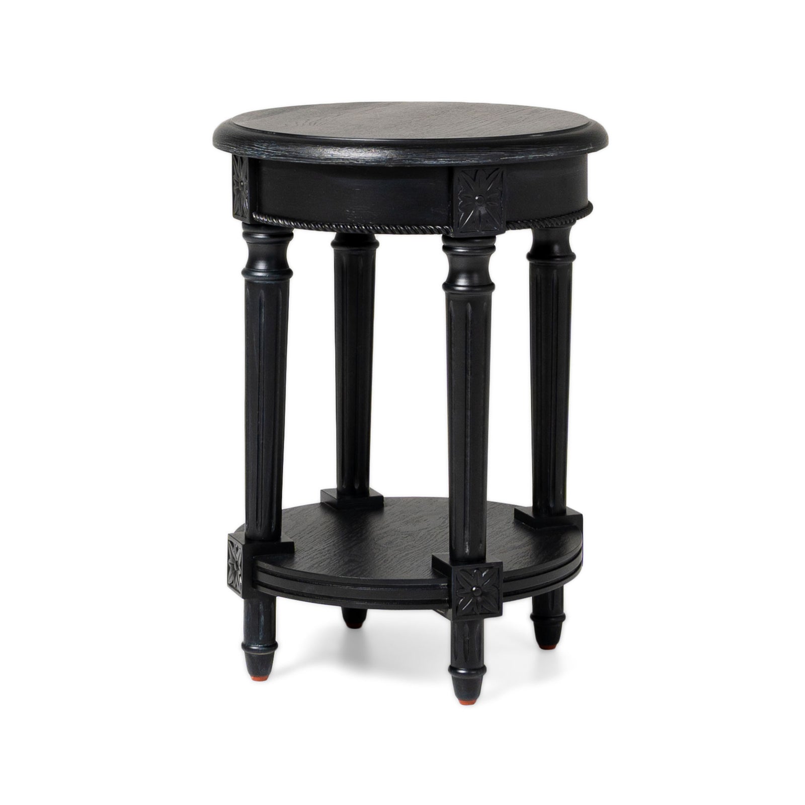 Maven Lane Traditional Round Wooden Side Table in Antiqued Black Finish (Used) - VMInnovations