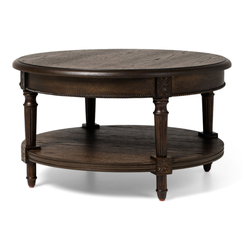 Maven Lane Pullman Traditional Round Wooden Coffee Table, Antiqued Brown Finish