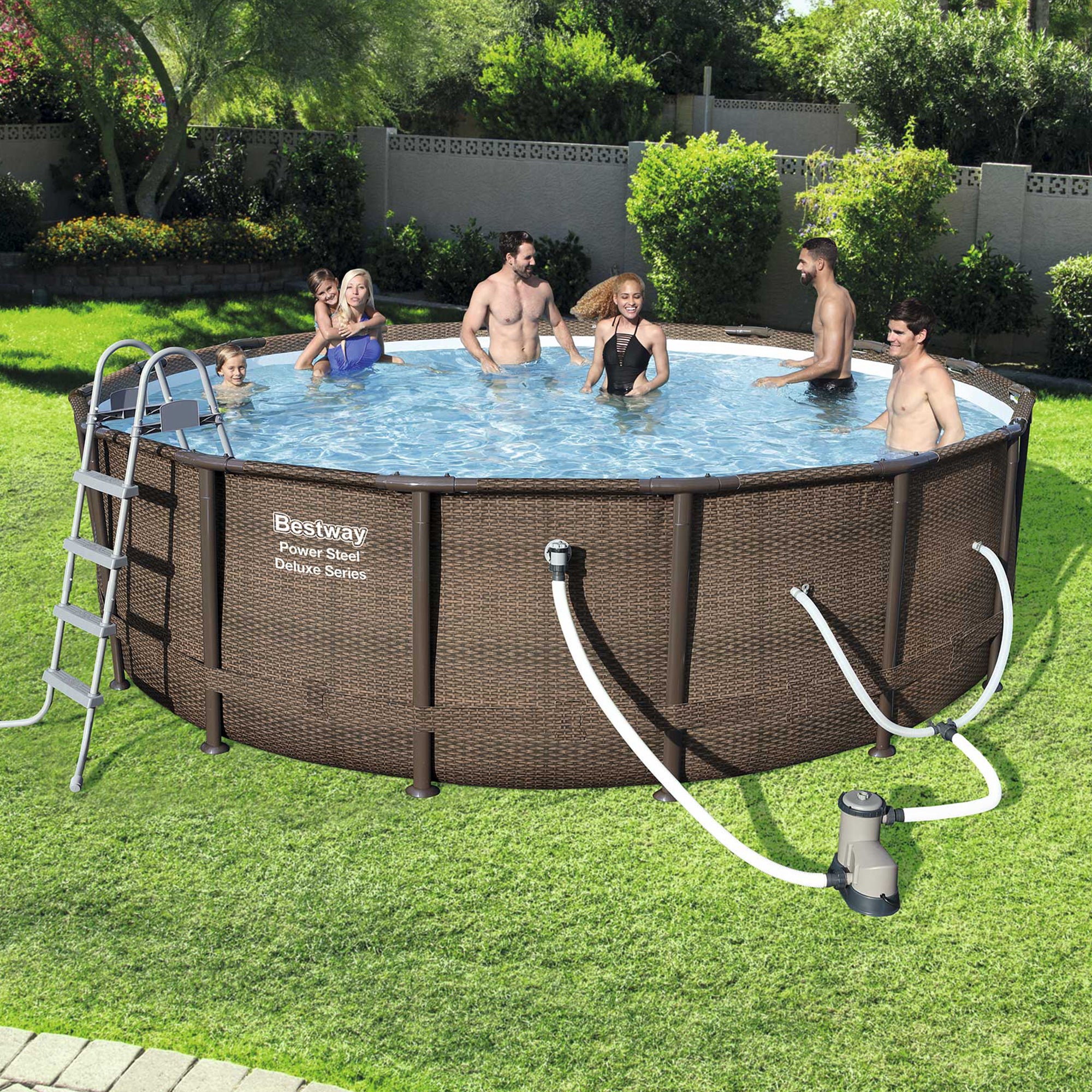 Bestway Multicolor LED Waterfall & 14'x42" Round Above Ground Swimming Pool Set