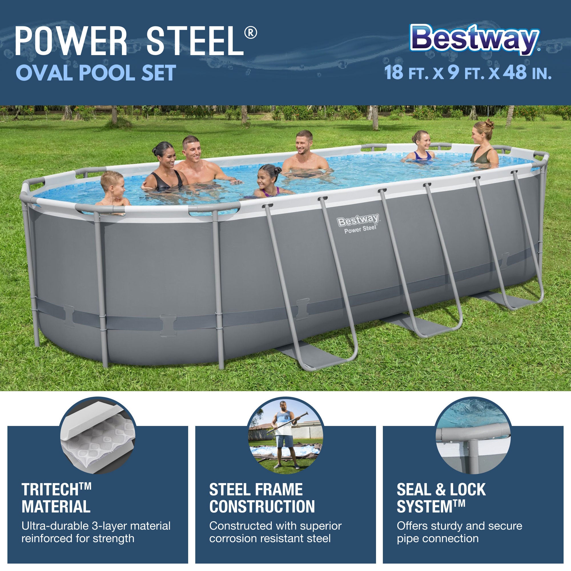 Bestway Flowclear UPF Canopy with Power Steel 18' x 9' x 52" Swimming Pool Set