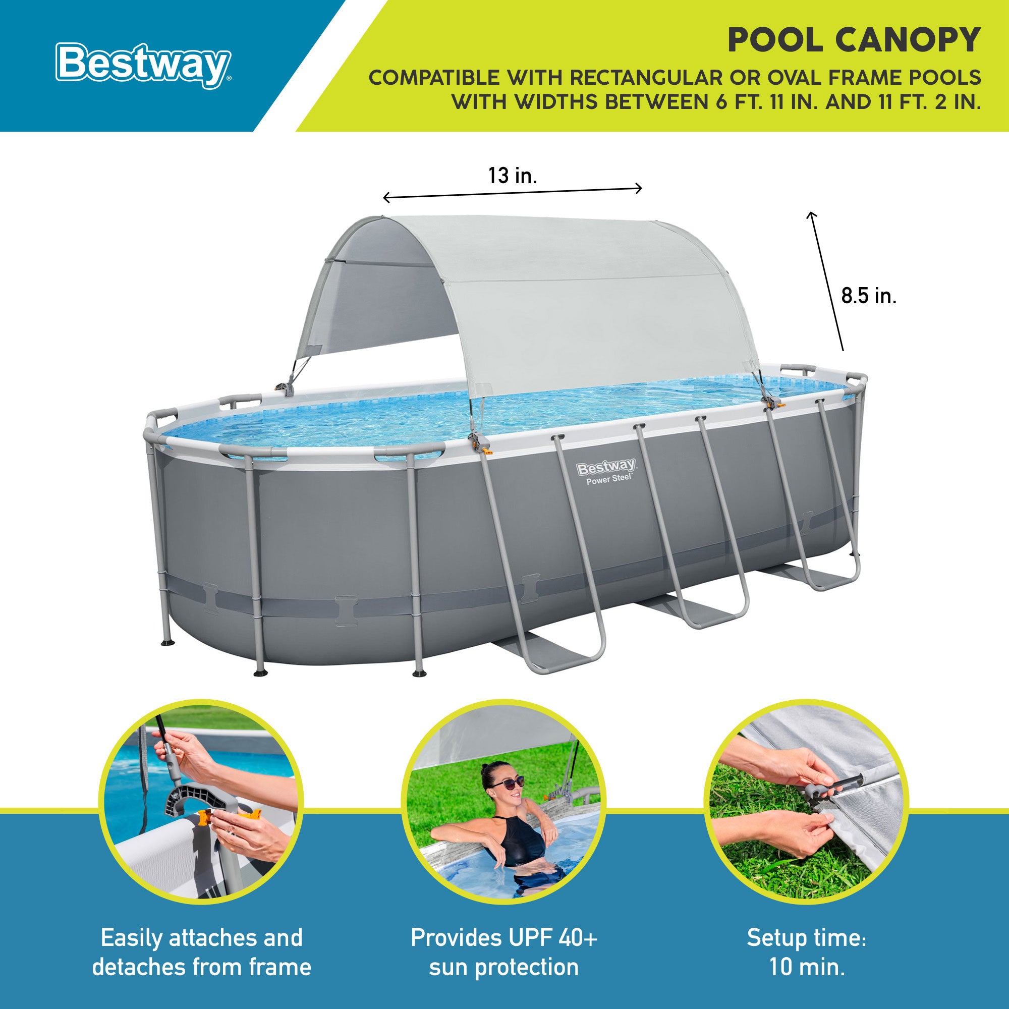 Bestway Flowclear UPF Canopy with Power Steel 18' x 9' x 52" Swimming Pool Set