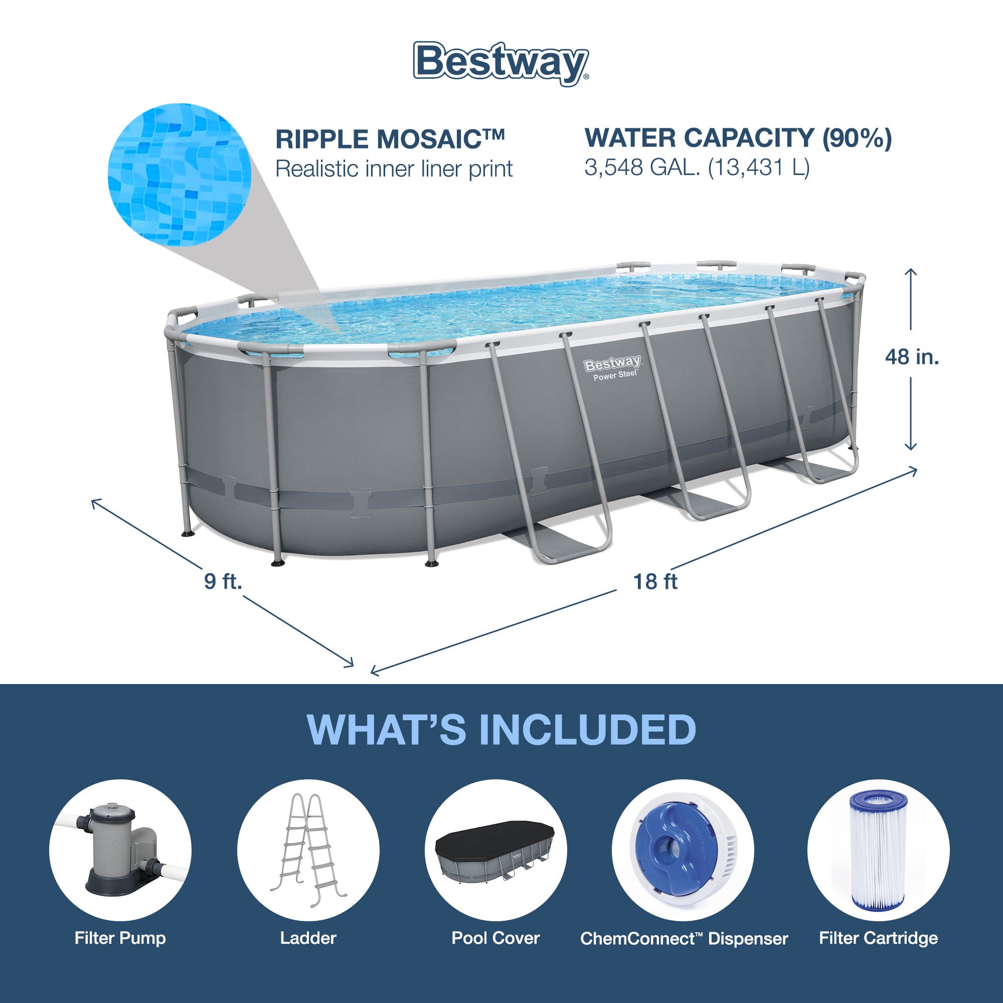 Bestway Flowclear UPF Canopy with Power Steel 18' x 9' x 52" Swimming Pool Set