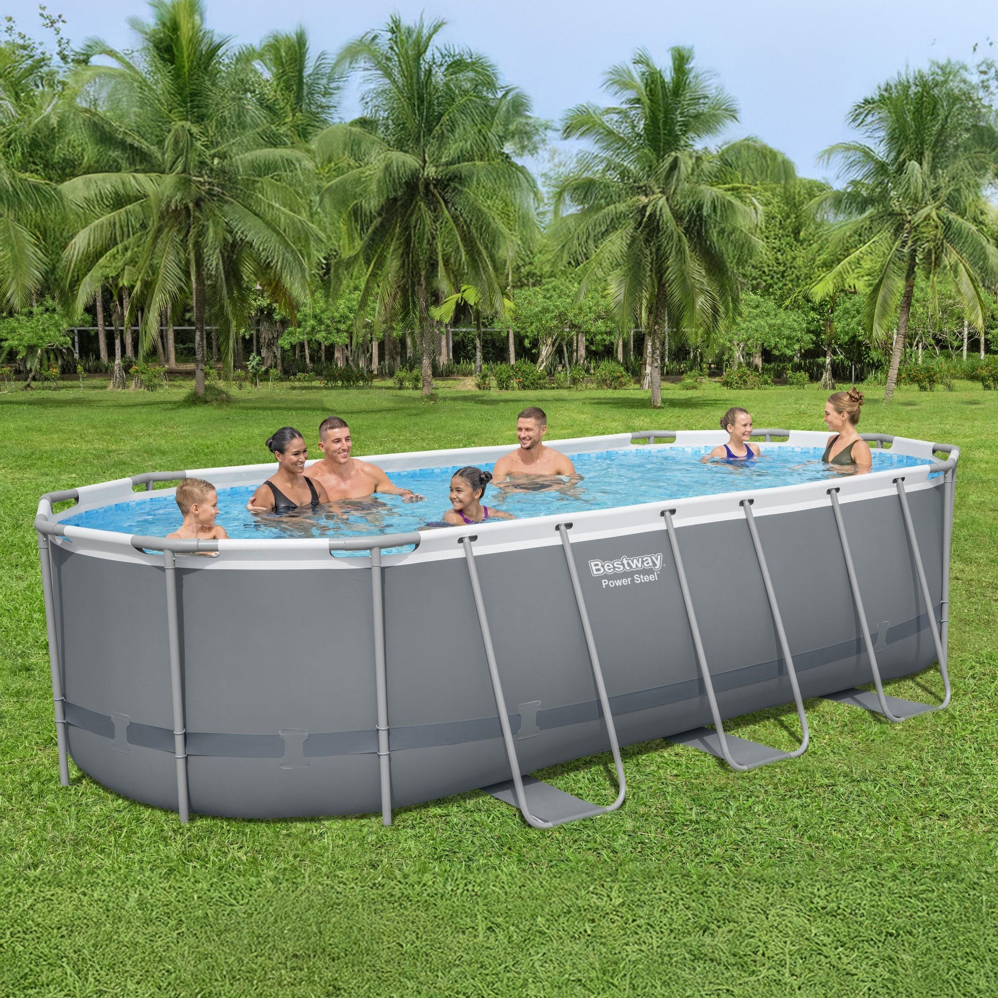 Bestway Flowclear UPF Canopy with Power Steel 18' x 9' x 52" Swimming Pool Set