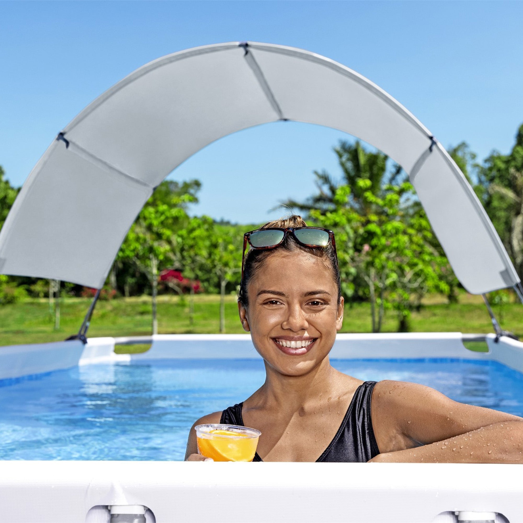 Bestway Flowclear UPF Canopy with Power Steel 18' x 9' x 52" Swimming Pool Set