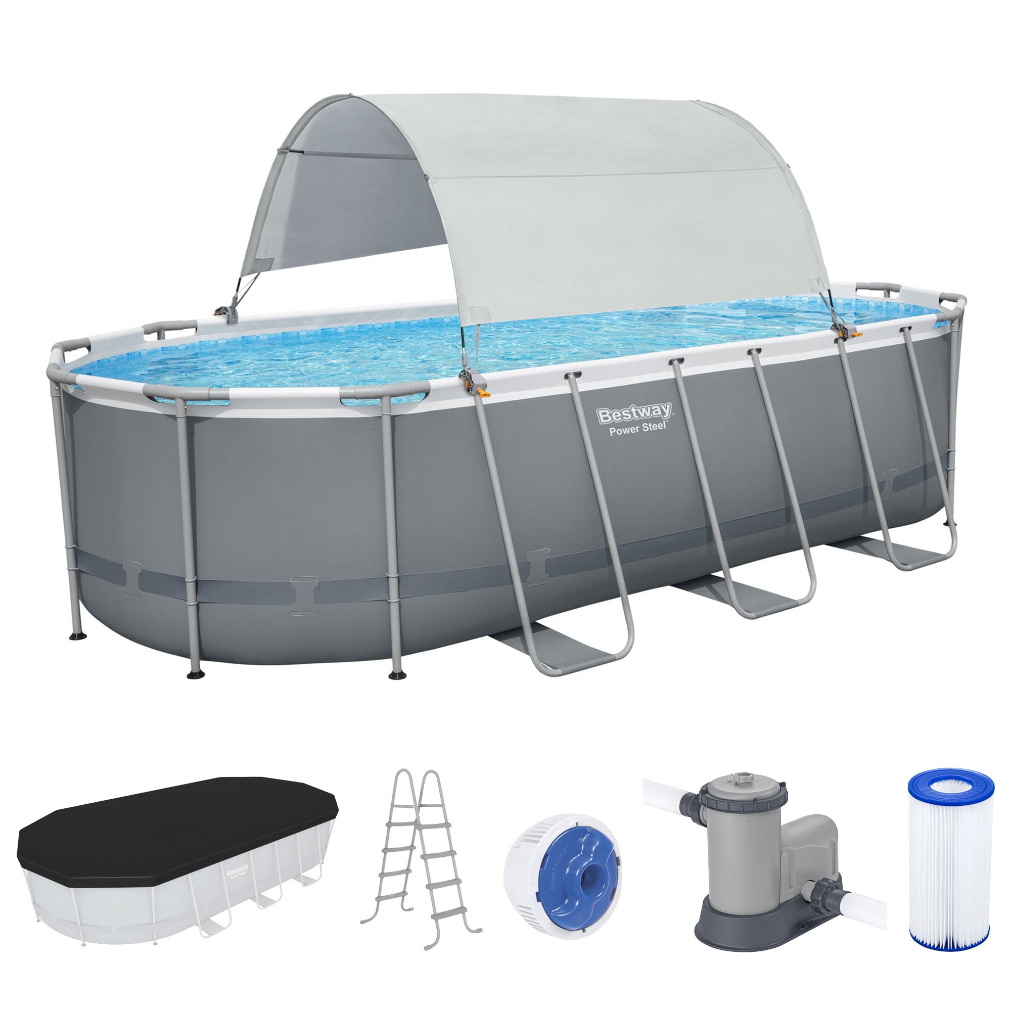 Bestway Flowclear UPF Canopy with Power Steel 18' x 9' x 52" Swimming Pool Set