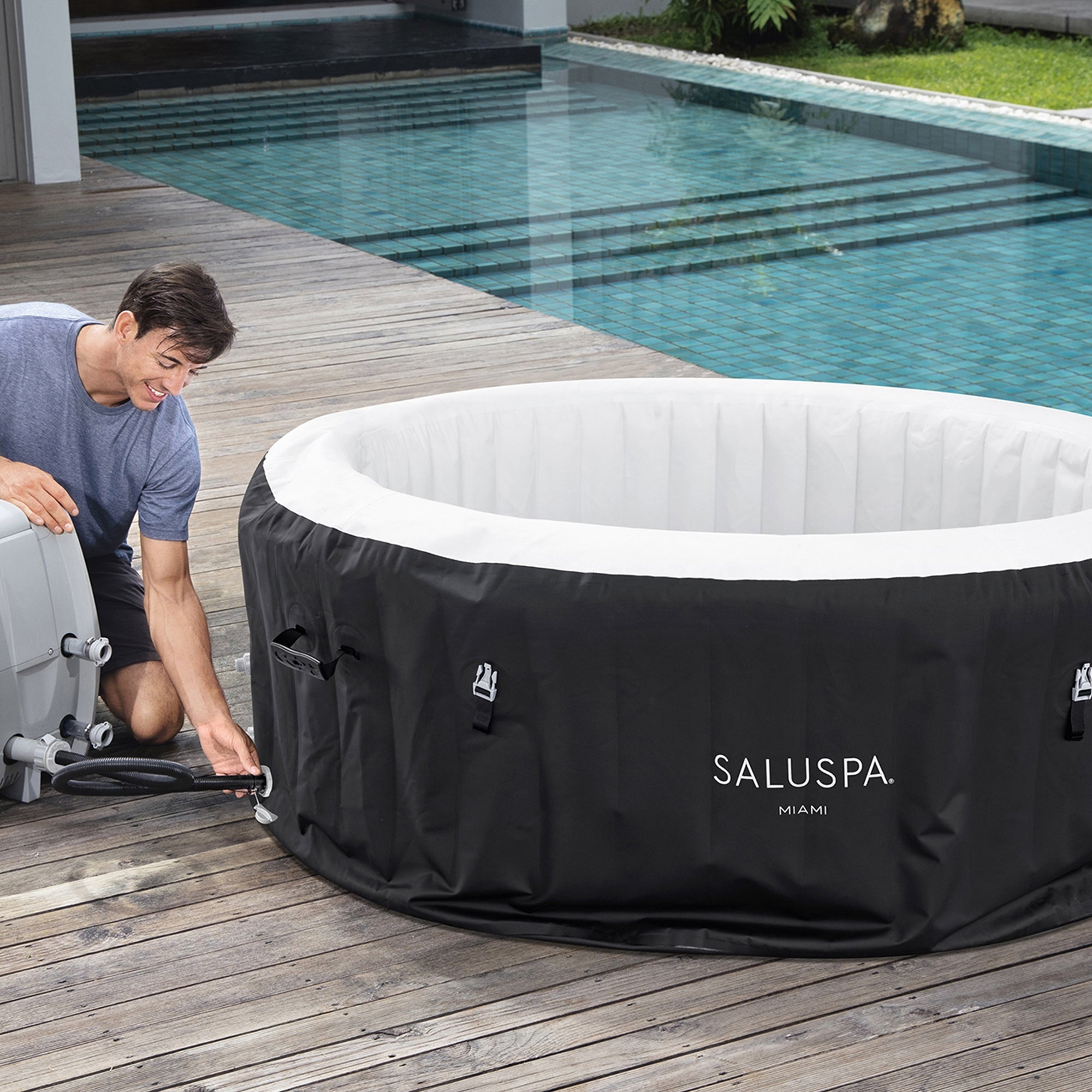 Bestway SaluSpa Sun Shade Canopy with Miami SaluSpa Inflatable Outdoor Hot Tub