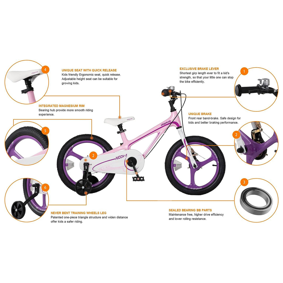 RoyalBaby Moon-5 16" Kids Bicycle w/Training Wheels & Kickstand, Pink(For Parts)