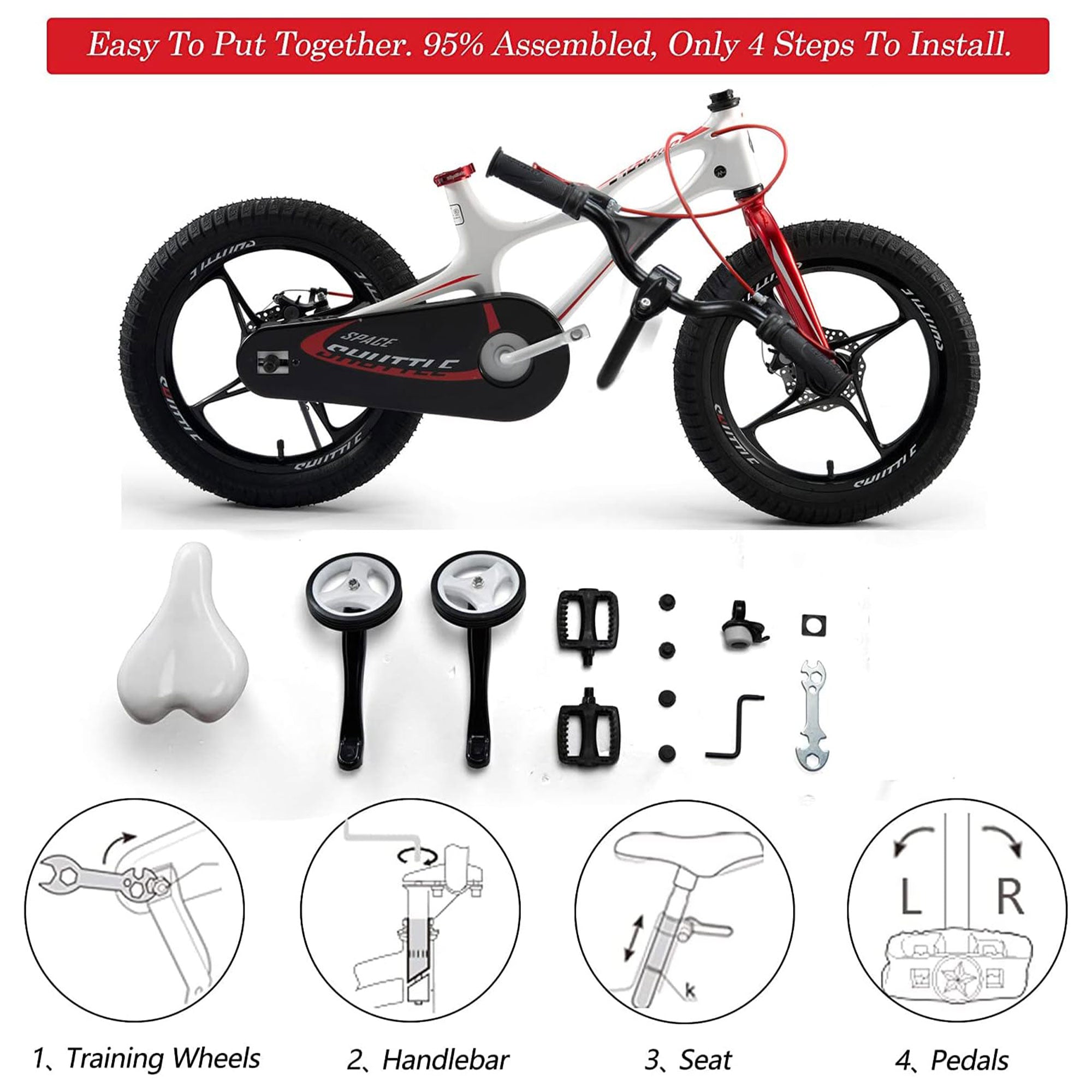 RoyalBaby Space Shuttle 16" Magnesium Alloy Kids Bicycle, White & Red (Open Box) - VMInnovations