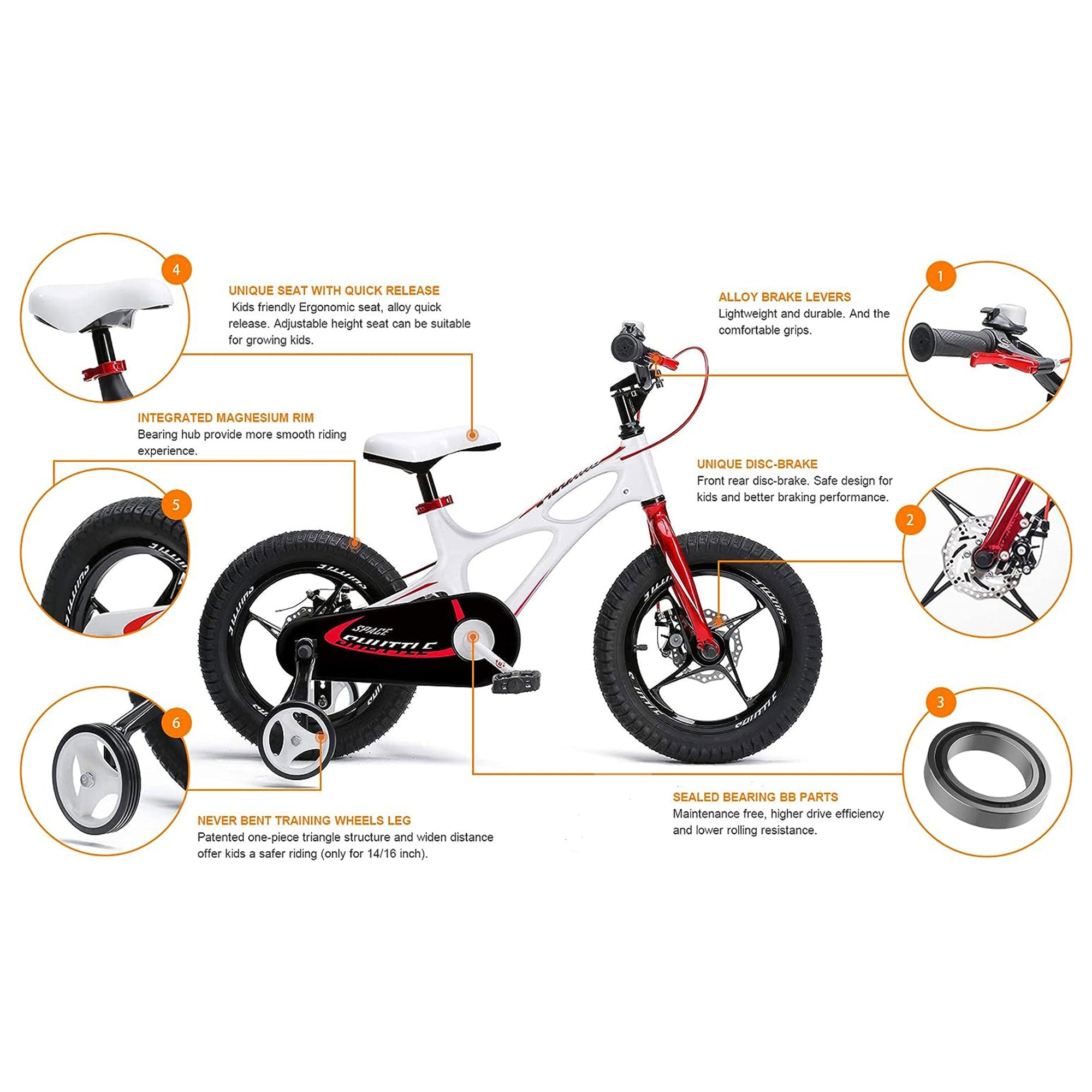 RoyalBaby Space Shuttle 16" Magnesium Alloy Kids Bicycle, White & Red (Open Box) - VMInnovations