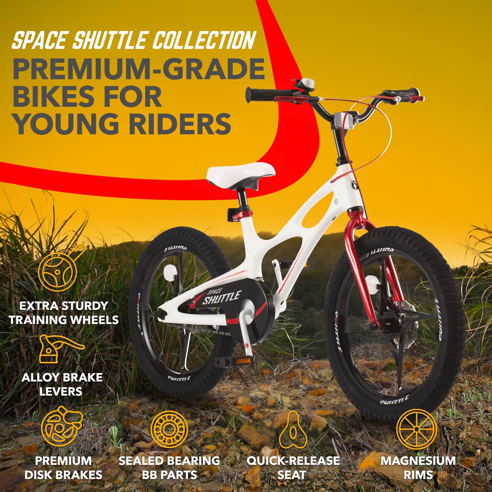 RoyalBaby Space Shuttle 18" Magnesium Alloy Kids Bicycle w/2 Disc Brakes, White - VMInnovations