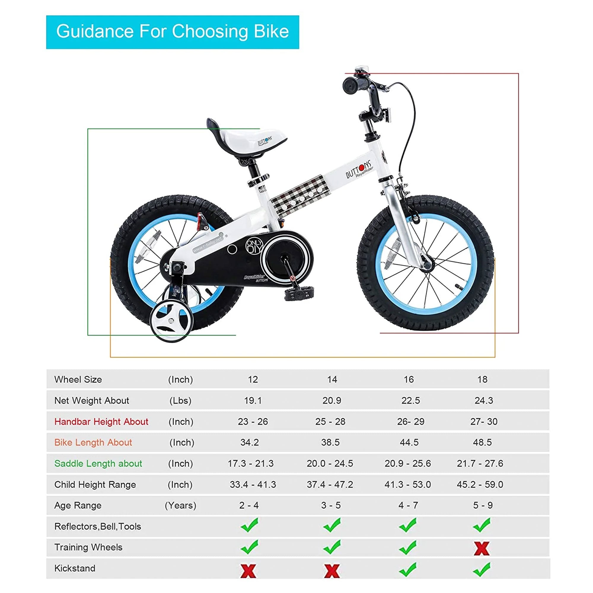 RoyalBaby Buttons 16" Kids Bike with Kickstand & Training Wheels, Blue(Open Box) - VMInnovations
