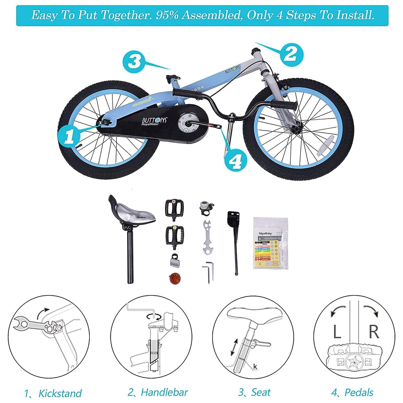 RoyalBaby Buttons 18" Kids Bike with Kickstand & Training Wheels, Matte Blue - VMInnovations
