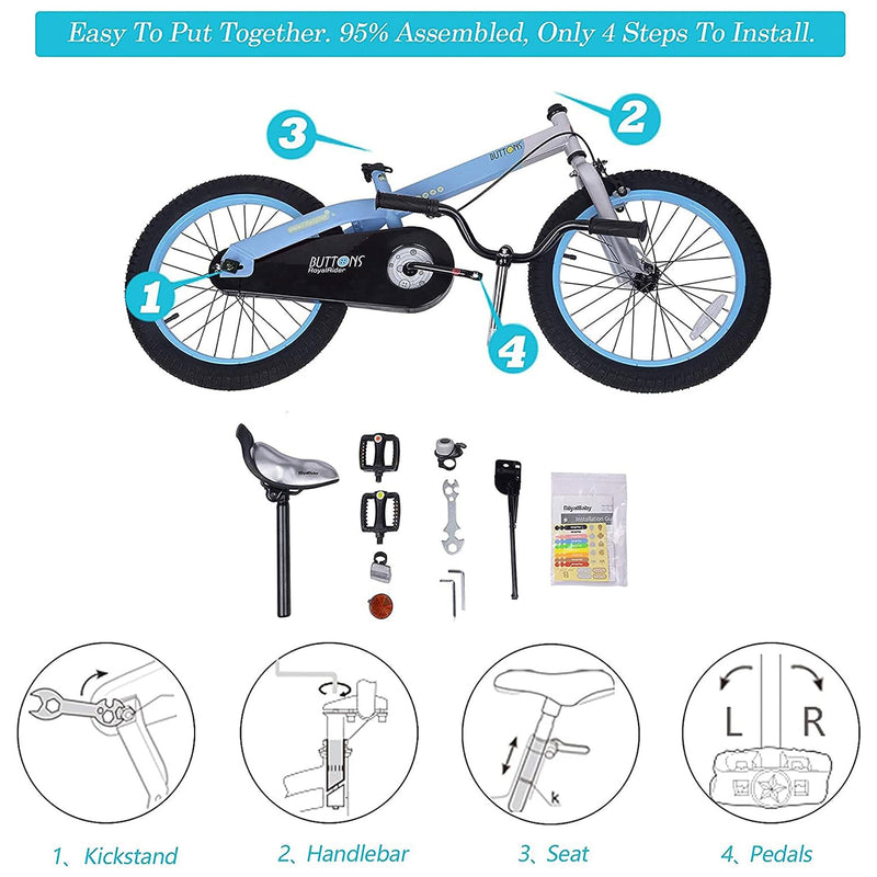 RoyalBaby Buttons 18" Kids Bike w/Kickstand & Training Wheels, Matte Blue (Used)