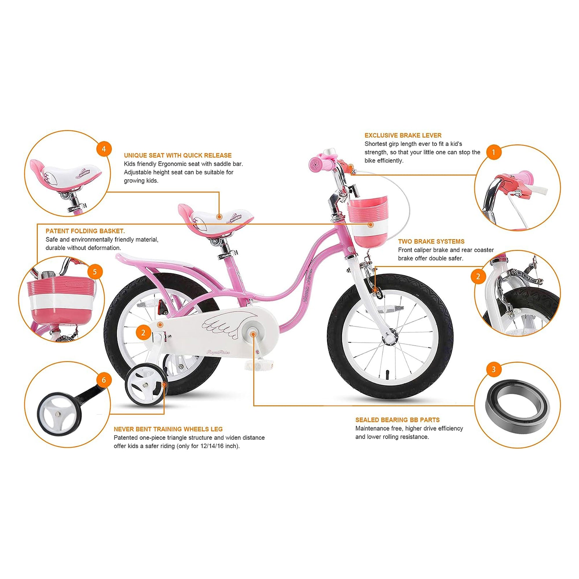 RoyalBaby Little Swan 16" Carbon Steel Bicycle w/Hand Brakes, Pink (Open Box) - VMInnovations