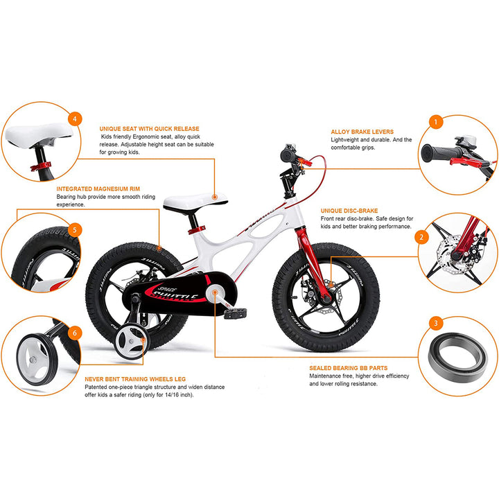 RoyalBaby Space Shuttle 14" Magnesium Alloy Kids Bike w/Training Wheels, White