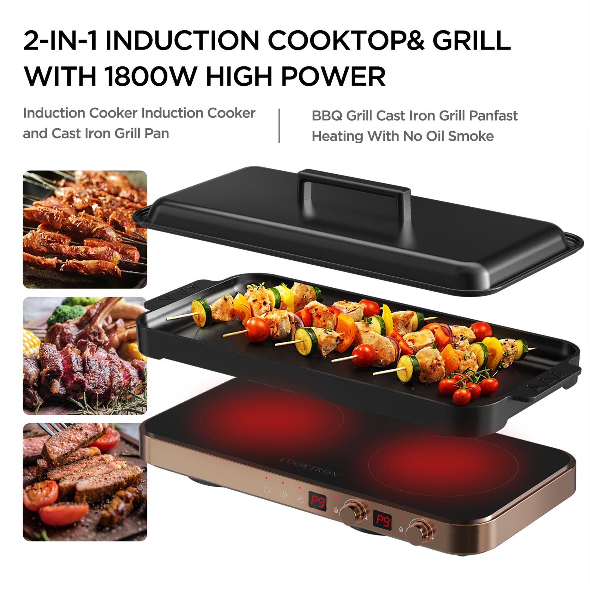 COOKTRON Portable Cooktop Electric Stove &Cast Iron Griddle, Rose Gold(Open Box) - VMInnovations