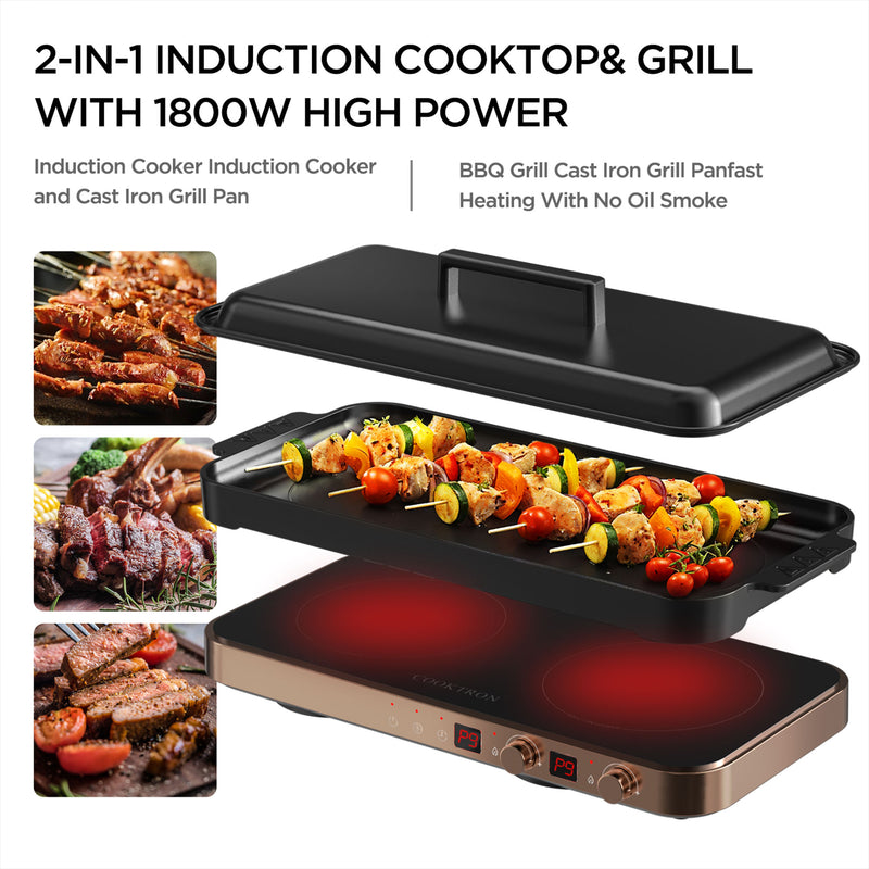 COOKTRON Portable Cooktop Electric Stove &Cast Iron Griddle, Rose Gold (Used)