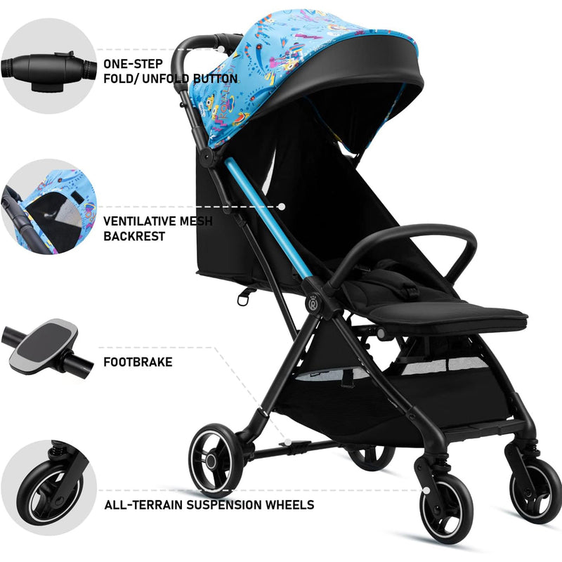 RoyalBaby 360 Classic Seat Compact Fold Portable Travel Stroller, Black/Blue