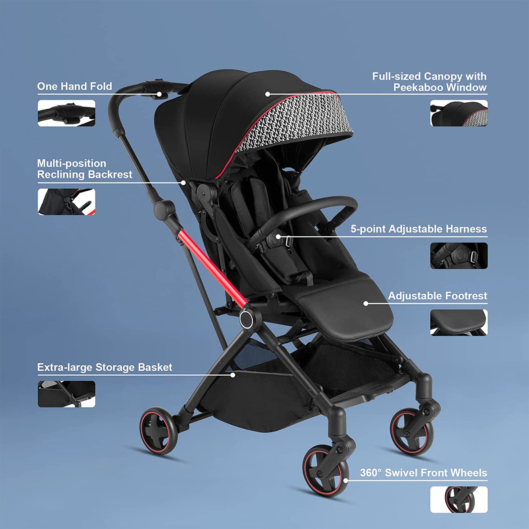 RoyalBaby 360 Reversible Seat Compact Fold Portable Stroller,Black/Red(Open Box) - VMInnovations