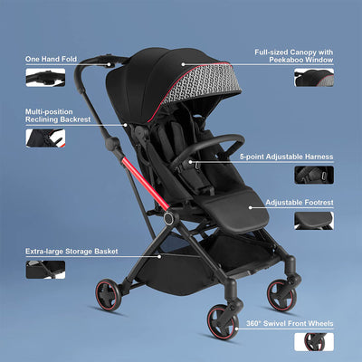 RoyalBaby 360 Reversible Seat Compact Fold Portable Stroller,Black/Red(Open Box) - VMInnovations