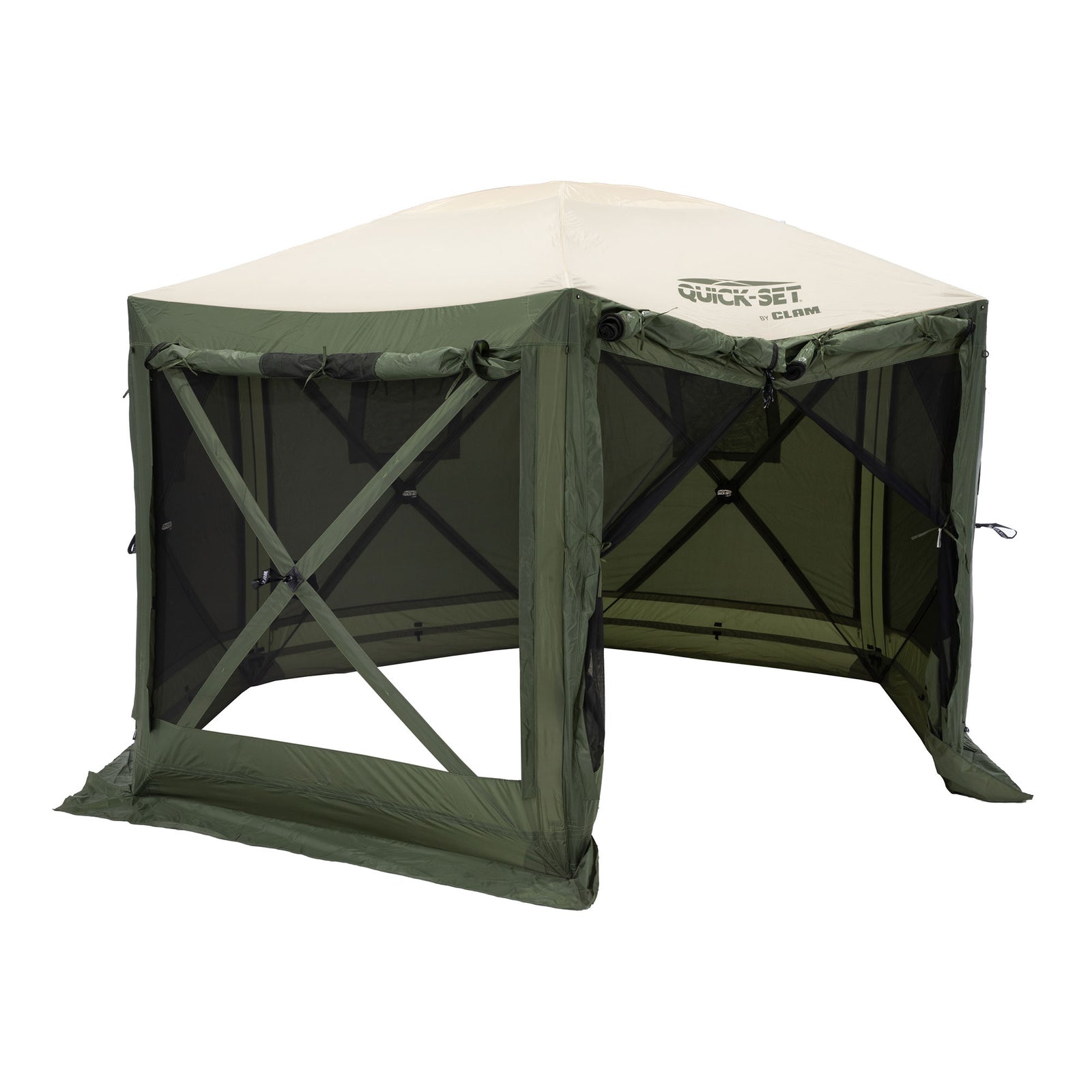 CLAM Quick-Set Pavilion 12.5x12.5 Ft Portable Canopy Shelter, Green/Tan (Used) - VMInnovations