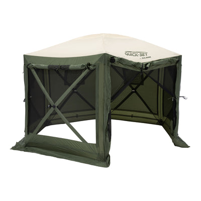 CLAM Quick-Set Pavilion 12.5x12.5 Ft Portable Canopy Shelter, Green/Tan (Used)