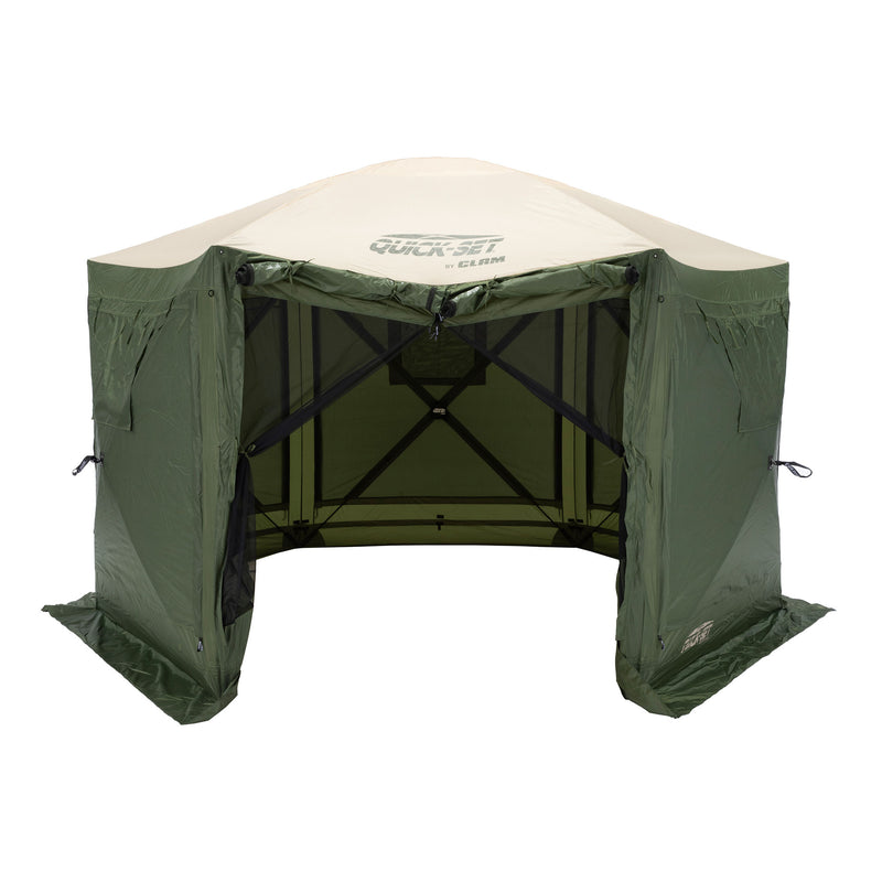 CLAM Quick-Set Pavilion 12.5x12.5 Ft Portable Canopy Shelter, Green/Tan (Used)