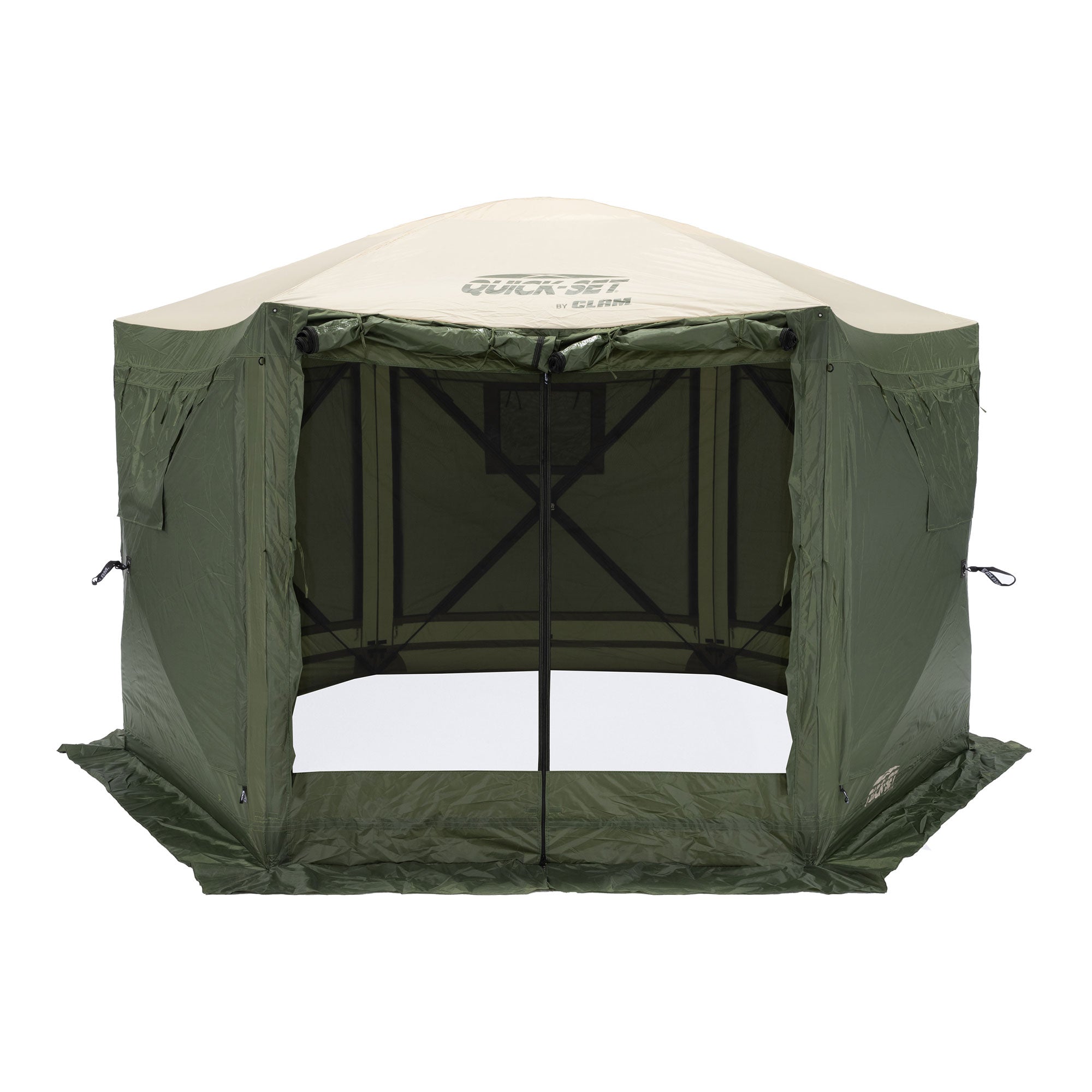 CLAM Quick-Set Pavilion 12.5x12.5 Ft Portable Canopy Shelter, Green/Tan (Used)