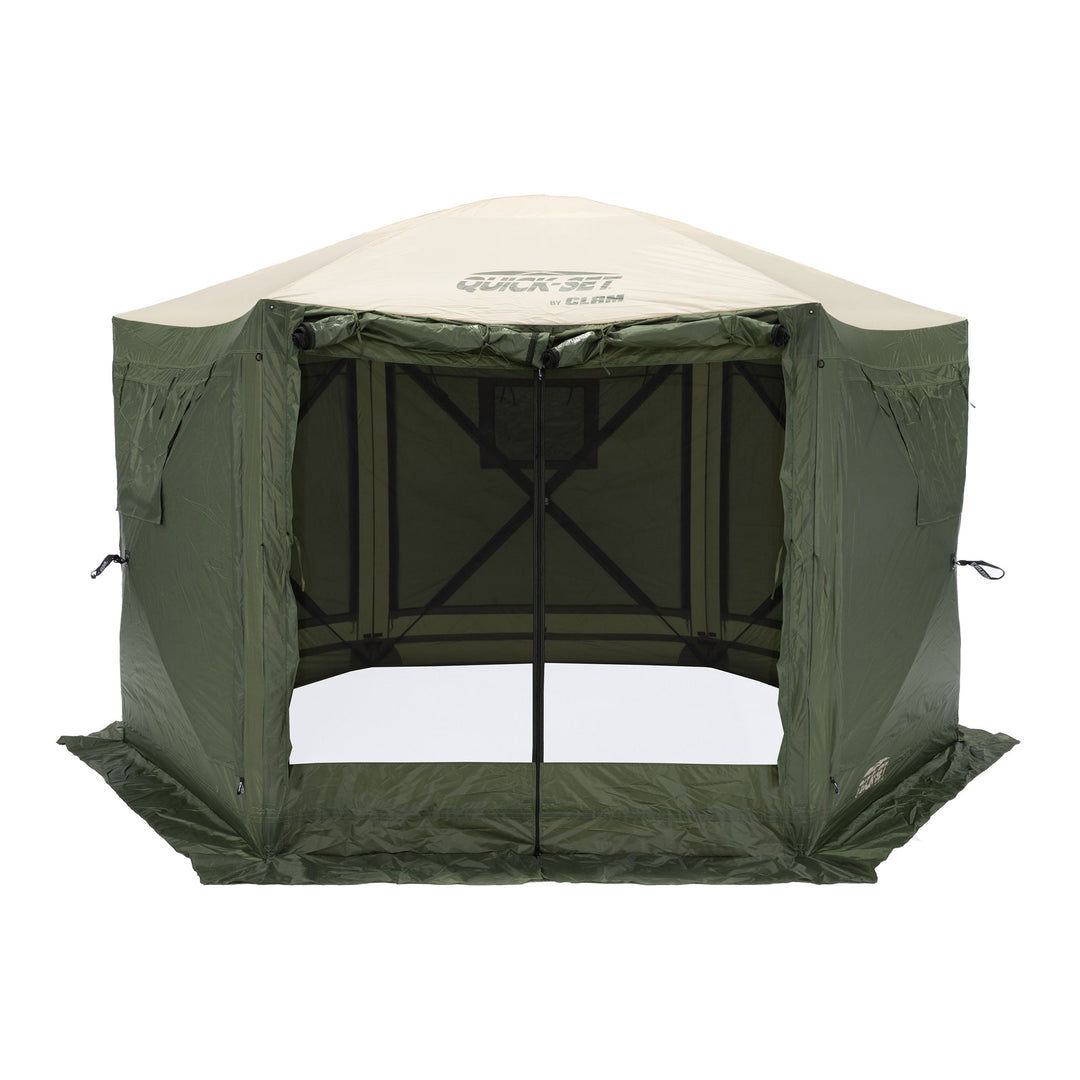CLAM Quick-Set Pavilion 12.5x12.5 Ft Outdoor Canopy Shelter, Green/Tan(Open Box)