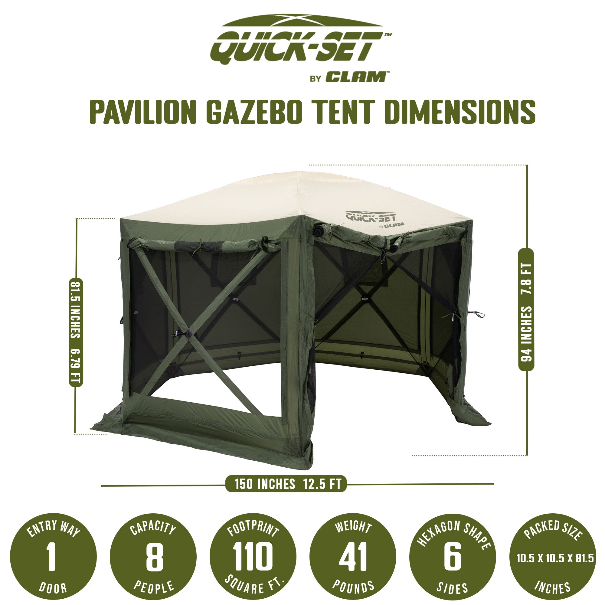 CLAM Quick-Set Pavilion 12.5x12.5 Ft Portable Outdoor Canopy Shelter, Green/Tan - VMInnovations