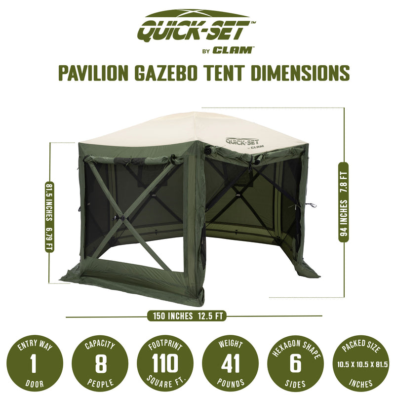 CLAM Quick-Set Pavilion 12.5x12.5 Ft Portable Canopy Shelter, Green/Tan (Used)