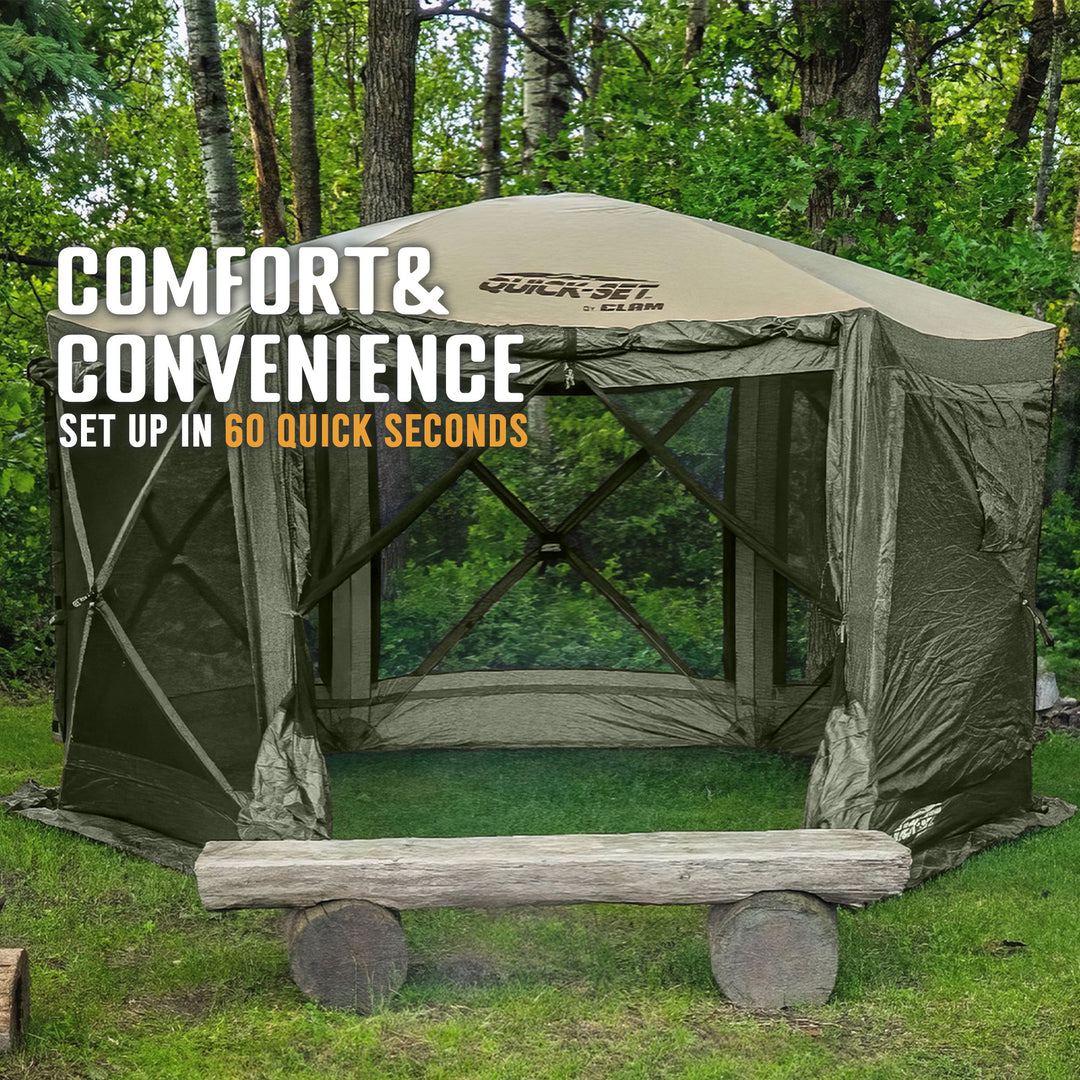 CLAM Quick-Set Pavilion 12.5x12.5 Ft Outdoor Canopy Shelter, Green/Tan(Open Box) - VMInnovations