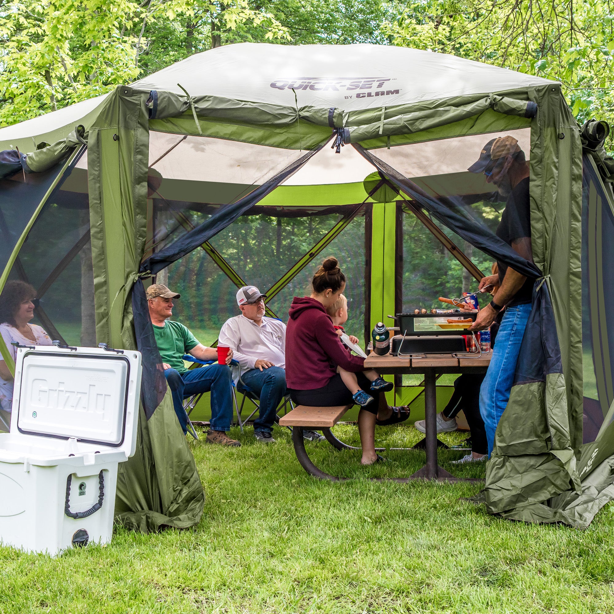 CLAM Quick-Set Pavilion 12.5x12.5 Ft Portable Outdoor Canopy Shelter, Green/Tan - VMInnovations