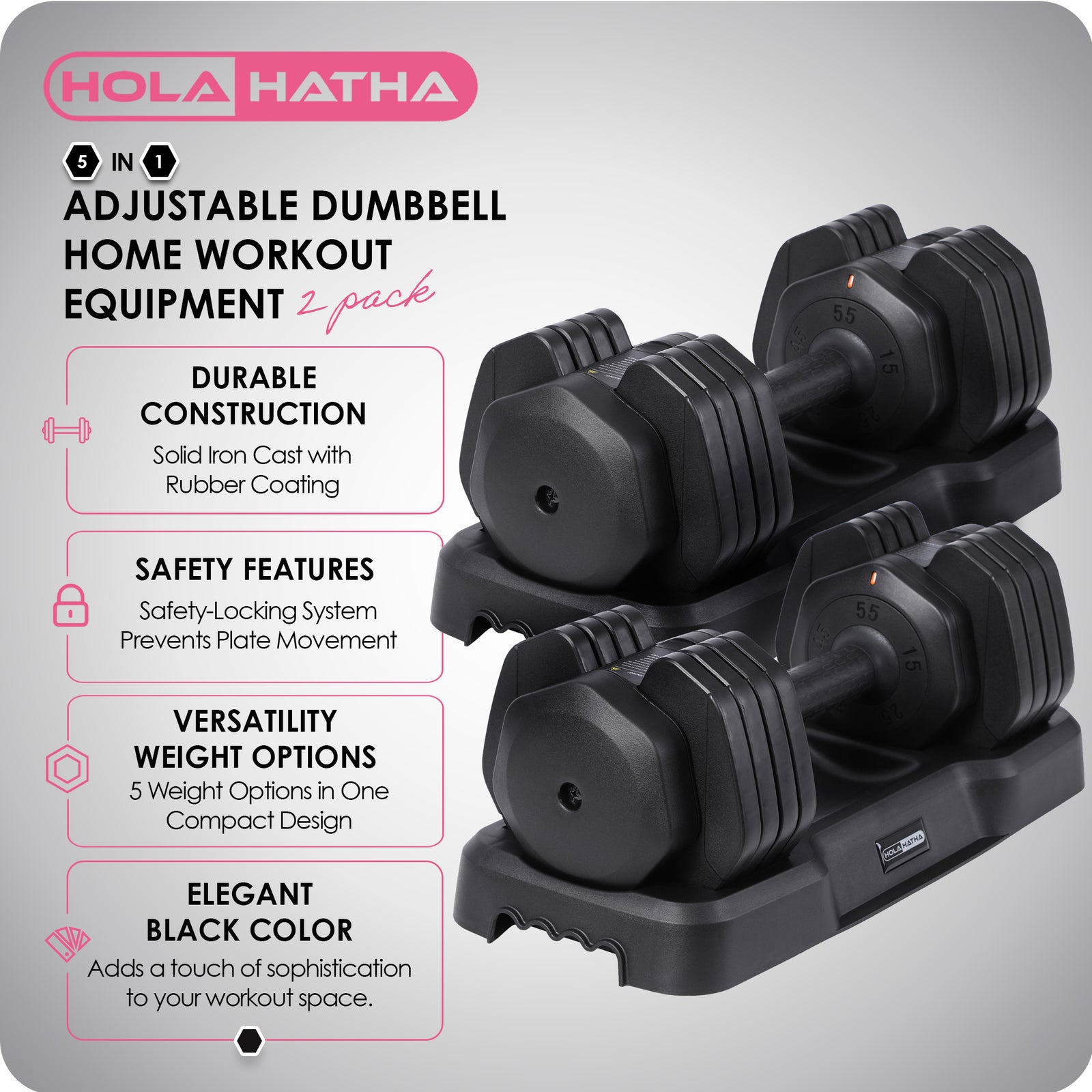 HolaHatha 5 in 1 Adjustable Dumbbell Home Workout Equipment, Black (2 Pack) - VMInnovations